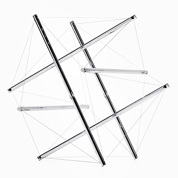 6-Strut Tensegrity, a stainless steel and steel wire sculpture by Buckminster Fuller, circa 1980. Size 14.25 in. x 17.25 in. x 15.75 in.