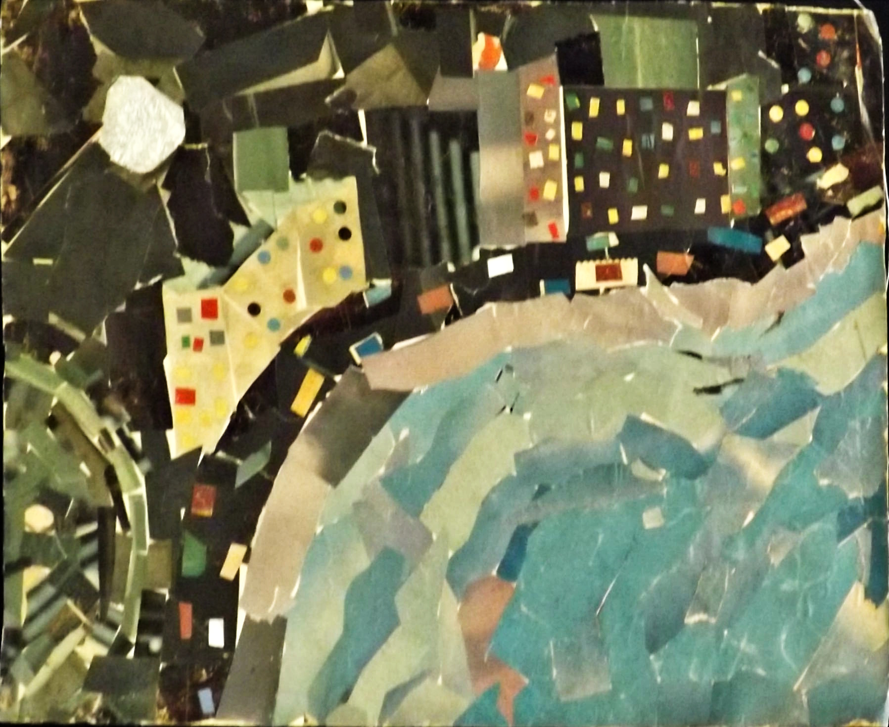 Driving along a sea-facing promenade under big city lights on a full moon night. Paper mosaic created circa 1985. Driving along a sea-facing promenade under big city lights on a full moon night. Paper mosaic created circa 1985.