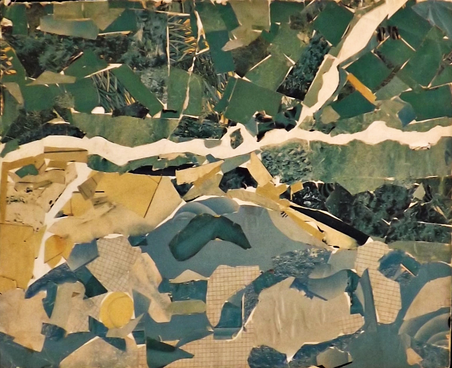 Rice fields lush with greenery and flooded with monsoon water. Paper mosaic created circa 1985. Rice fields lush with greenery and flooded with monsoon water. Paper mosaic created circa 1985.