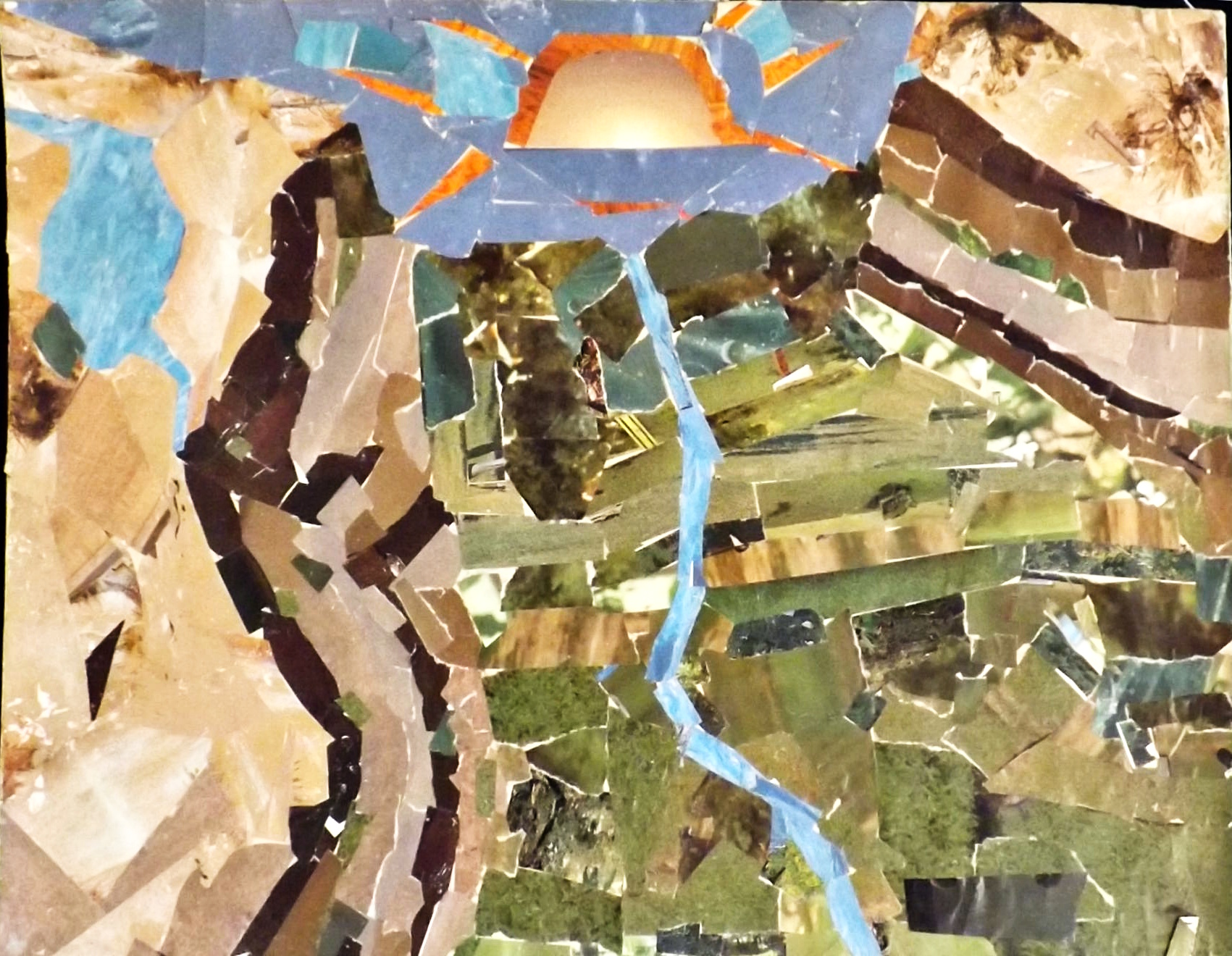 Tracing the path of a river that glints in the dawn while snaking through rice fields. Paper mosaic created circa 1985. Tracing the path of a river that glints in the dawn while snaking through rice fields. Paper mosaic created circa 1985.
