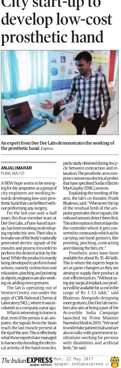Pune startup Dee Dee Labs to develop low-cost prosthetic hand. An article by Indian Express reporter Anjali Marar. Pune startup Dee Dee Labs to develop low-cost prosthetic hand. An article by Indian Express reporter Anjali Marar.